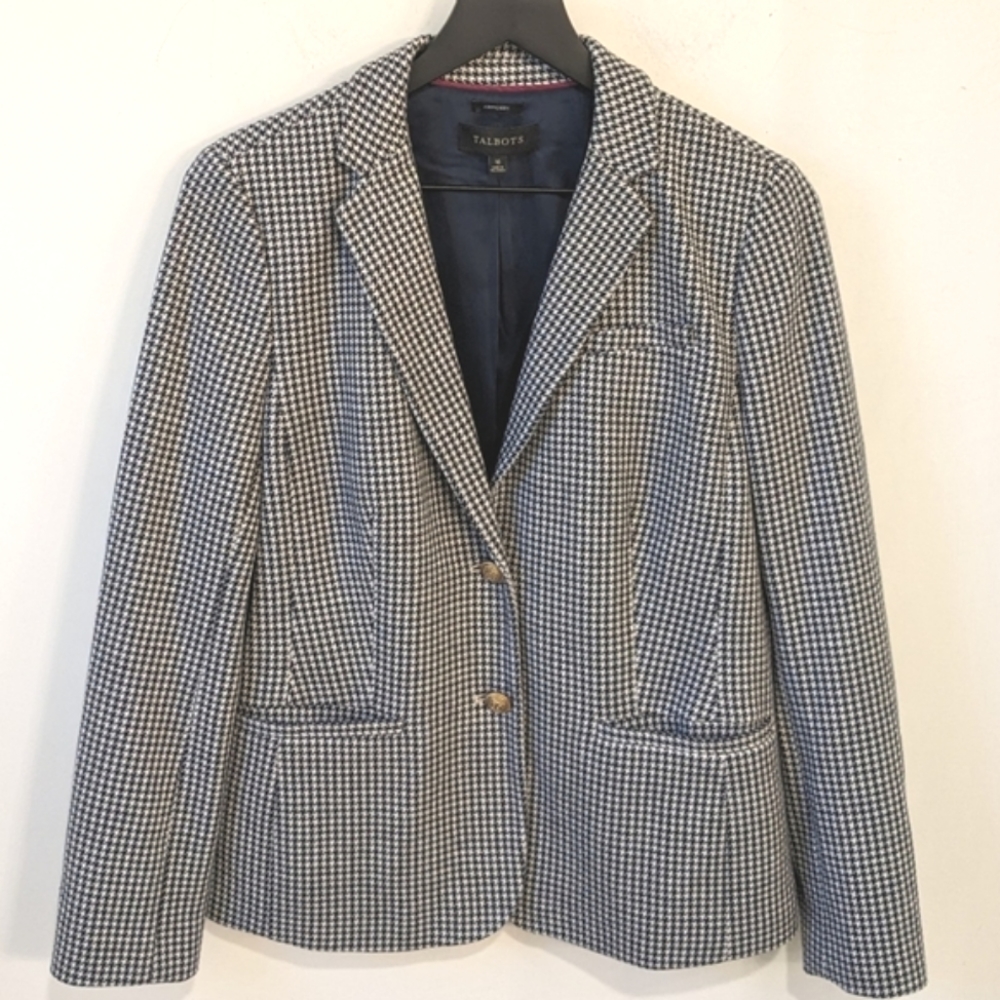 Talbots Aberdeen Cotton Blue White Houndstooth Two Button Blazer